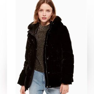 Kate Spade VELVET RUFFLE YOKE PUFFER IN BLACK Faux Fur Jacket XXS XS Coat Hood